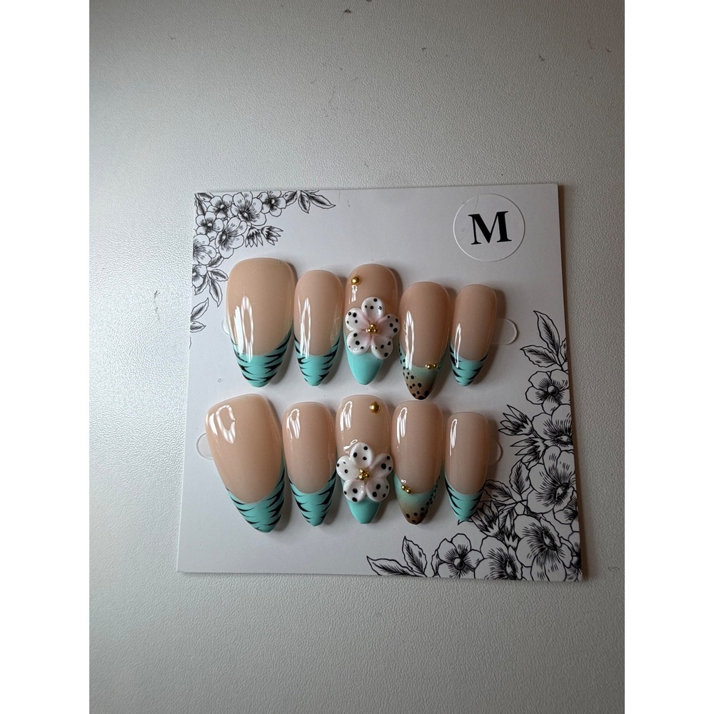 Mint Green 3D Floral & Tiger Stripe Press On Nails Set Size M Handmade